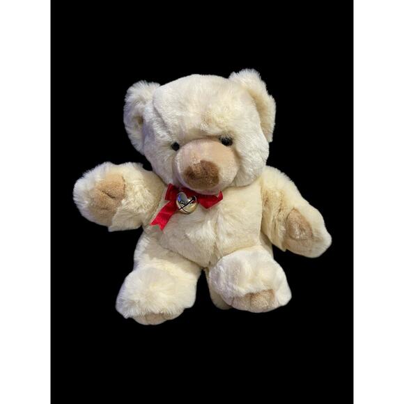 Playful Pals Mervyns Cream Tan Teddy Bear Red Bow Bell Stuffed Plush 14” Vintage - Picture 1 of 3
